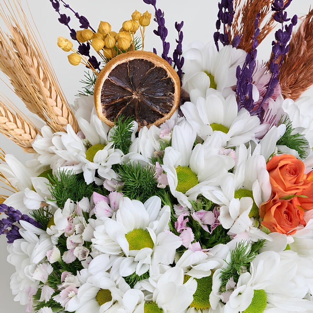 Grey Daisy Sun – Gri Polimer Saksıda Beyaz Papatyalar ve Turuncu Güller