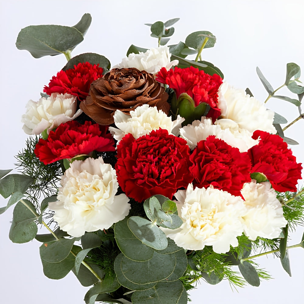 Linea Carnation – Çizgili Cam Vazoda Kırmızı Beyaz Karanfiller