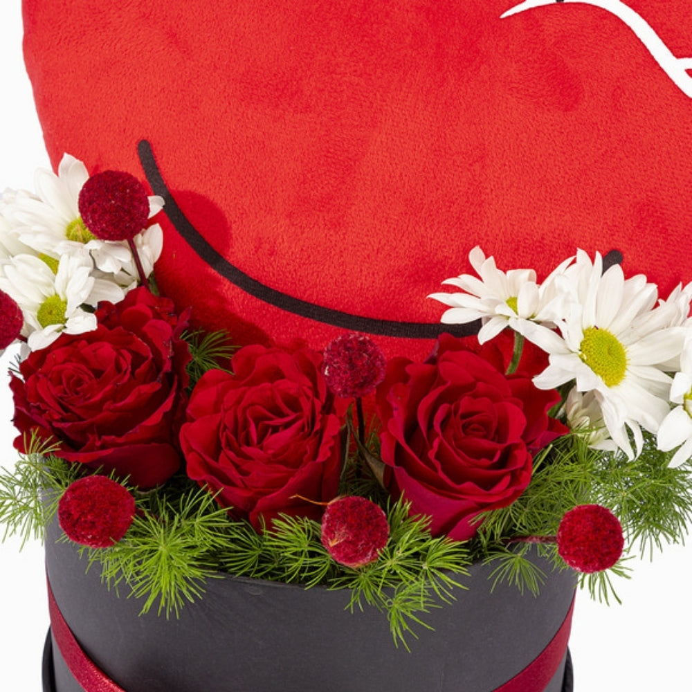 Amour Mini – Siyah Kutuda 3 Kırmızı Gül ve Kalpli Yastık