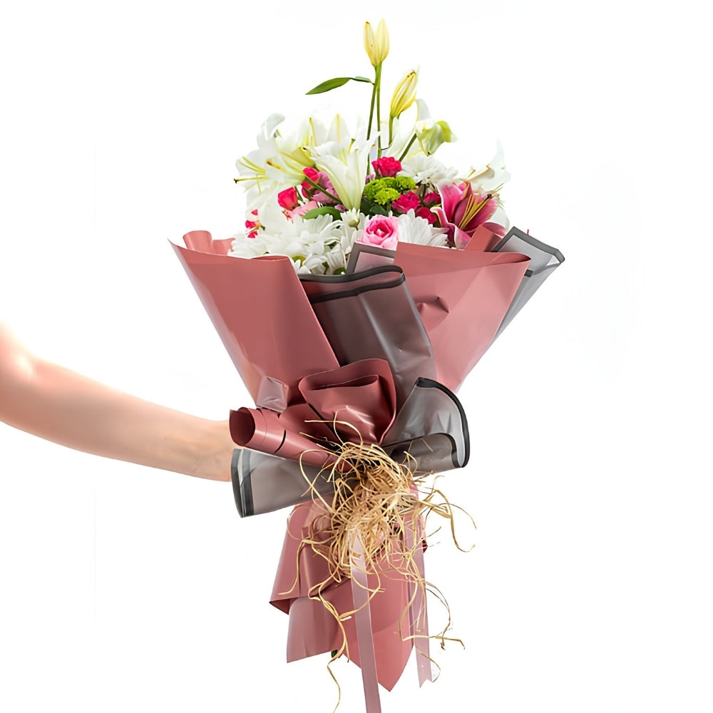 Lily Sunset – Koyu Somon Bukette Pembe ve Beyaz Lilyumlar