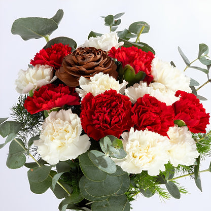 Linea Carnation – Çizgili Cam Vazoda Kırmızı Beyaz Karanfiller